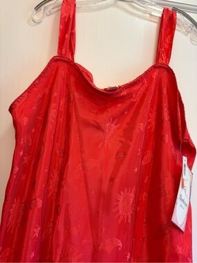 Vintage Red Satin Sun Moon Celestial Slip Dress Long Nightgown Lingerie B1